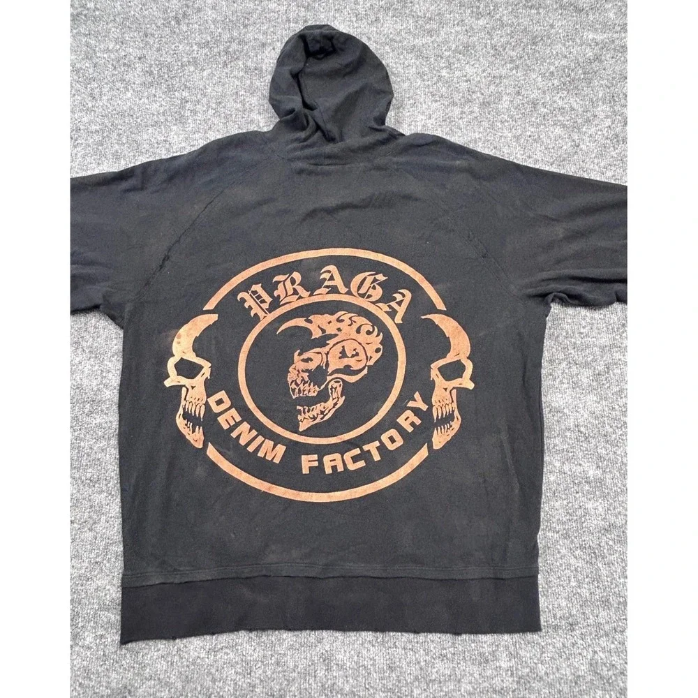 Vintage‎ Praga Denim Factory Skull Graphic Full Zip Hoodie Sweatshirt 2XL Black